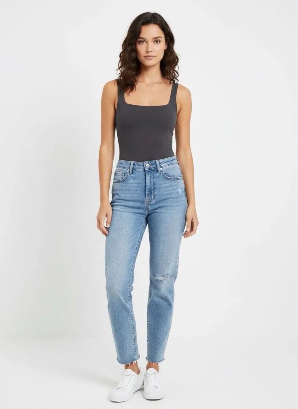 Express women L square cut tank top bodysuit grey
